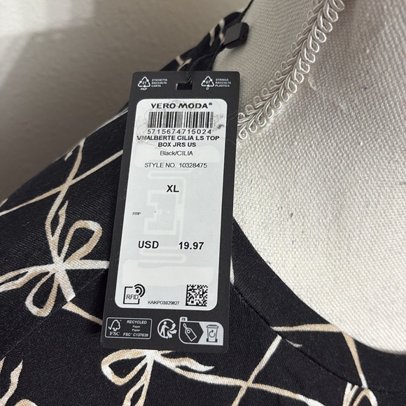 NWT Vero Moda Black Alberte Cilia Bow Top Long Sleeve Size XL - Picture 4 of 12